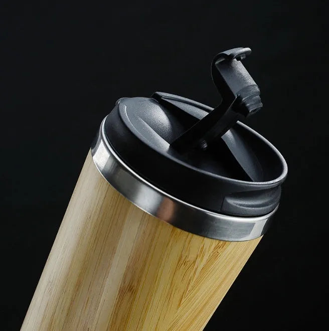 Bamboo insulated coffee cup with stainless steel interior and leak-proof lid, 420ml capacity