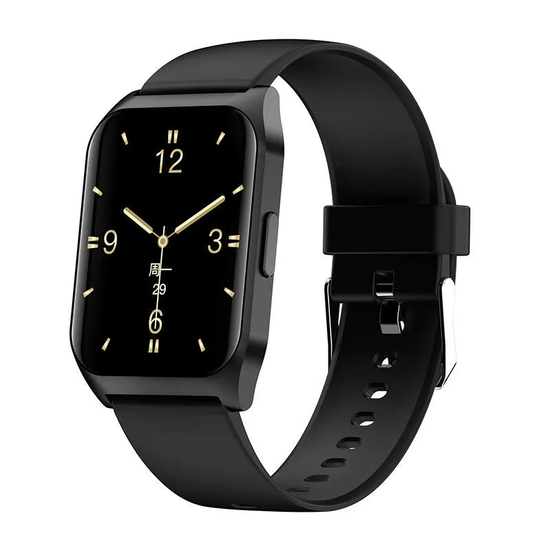 Black smart watch with 1.69-inch screen displaying heart rate data and call interface on silicone wristband
