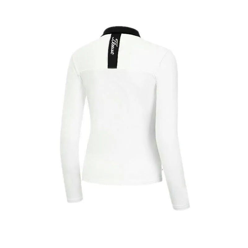 Women's white long sleeve golf top with slim sports cut for outdoor sun protection