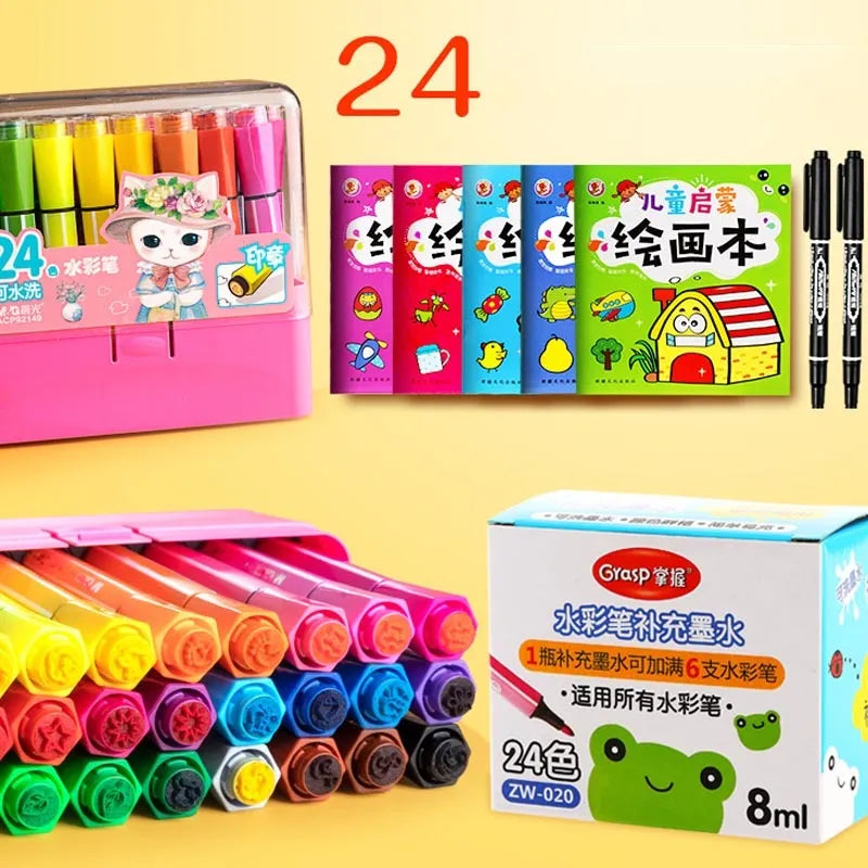 Children's washable painting brushes with hexagonal handles in blue, pink and yellow colours