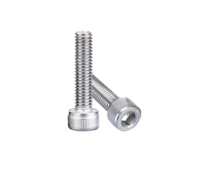 Stainless steel cartridge mounting screw set with allen bolts, nuts, washers, and two allen keys on a grey background.