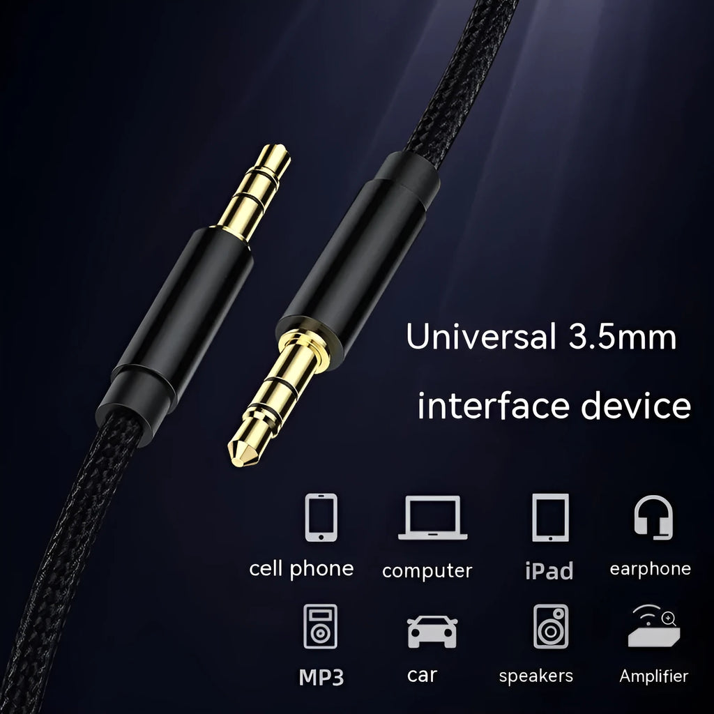 Universal 3.5mm male to male gold-plated audio cable in black, gold, silver and red