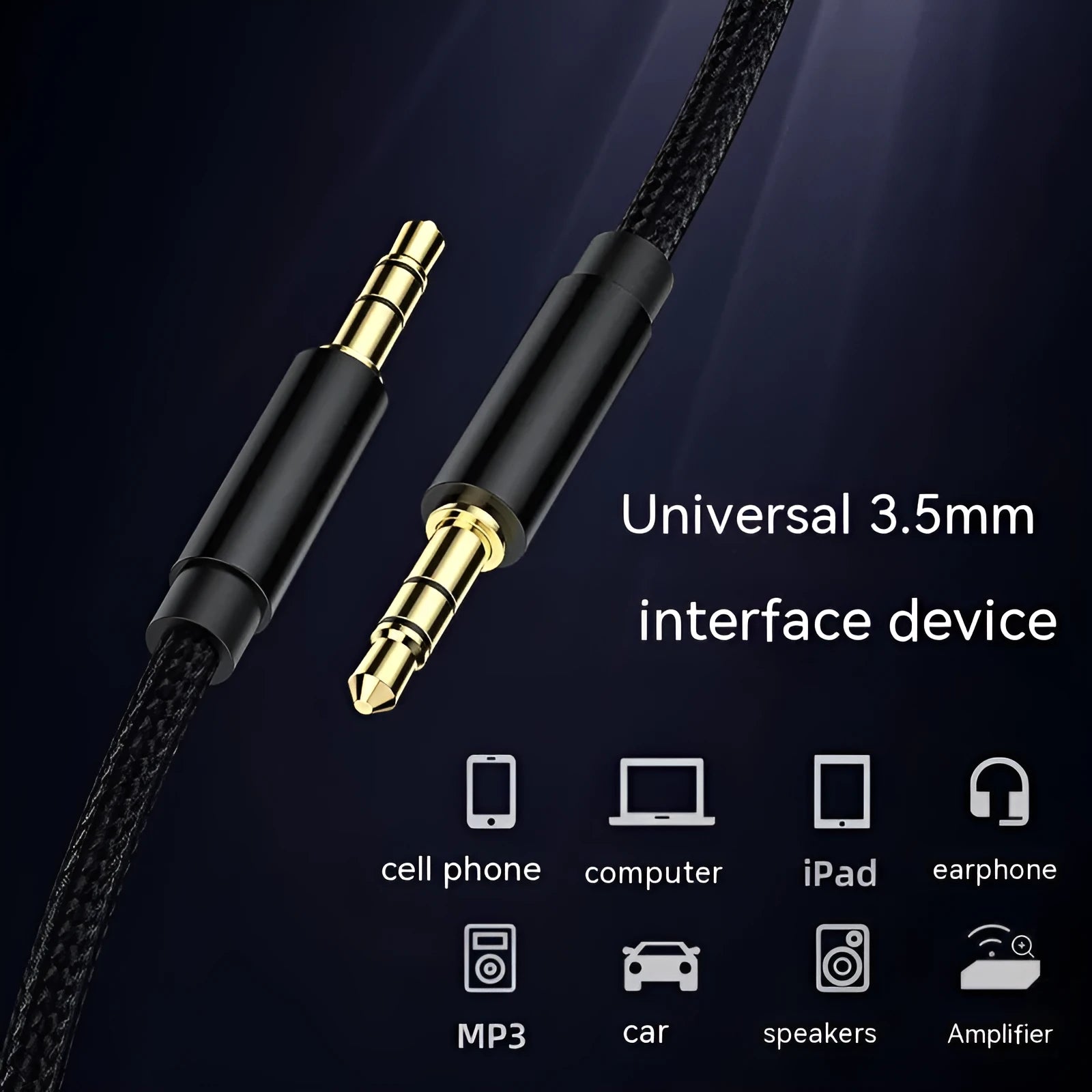 Universal 3.5mm male to male gold-plated audio cable in black, gold, silver and red