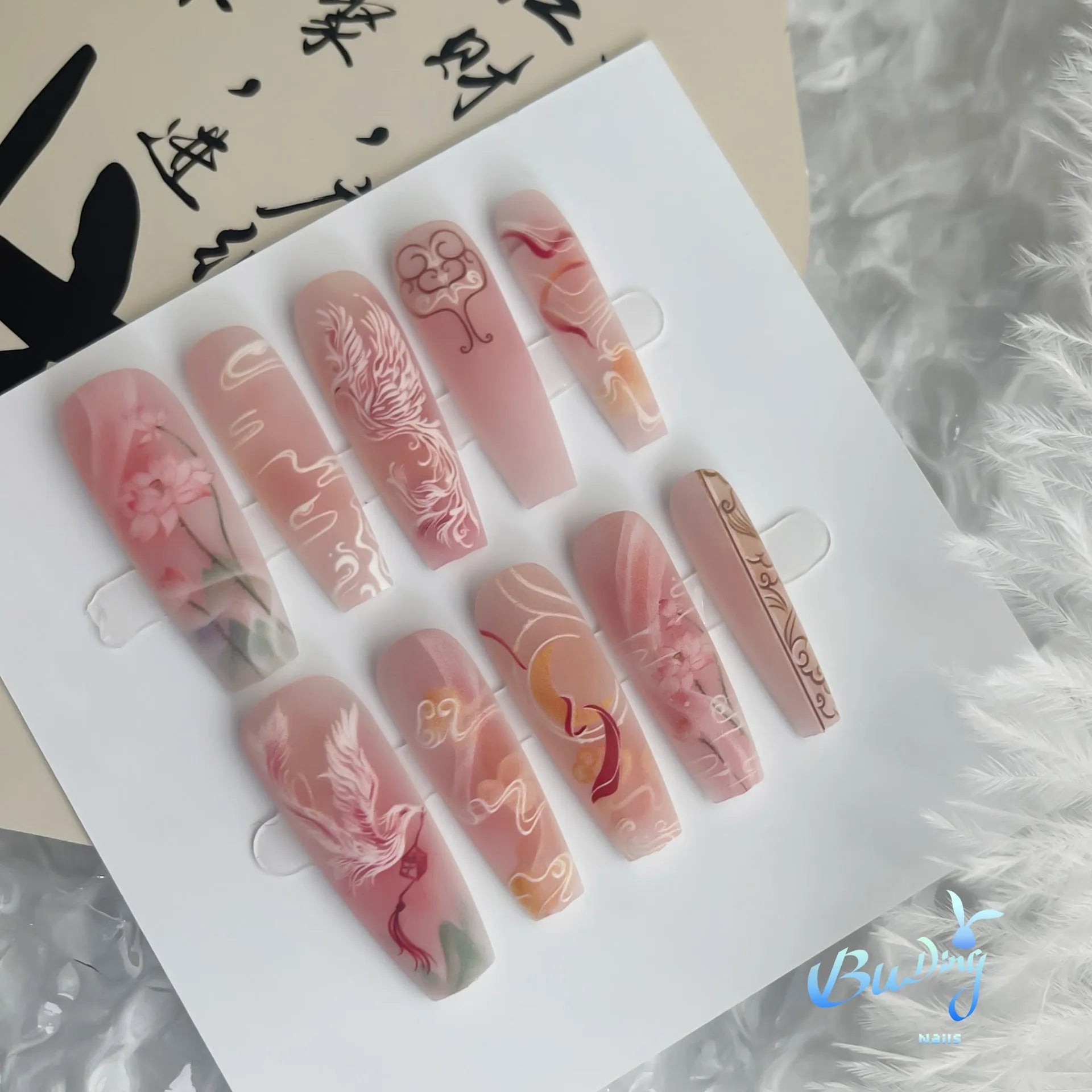 Ancient style new Chinese ink painting nine tail fox nail art stickers on long ladder shape glossy finish