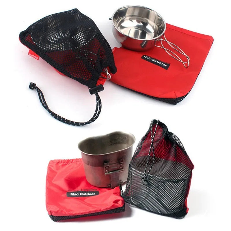 Set of five red outdoor storage bags with mesh panels and zipper closures made from 200D Oxford cloth