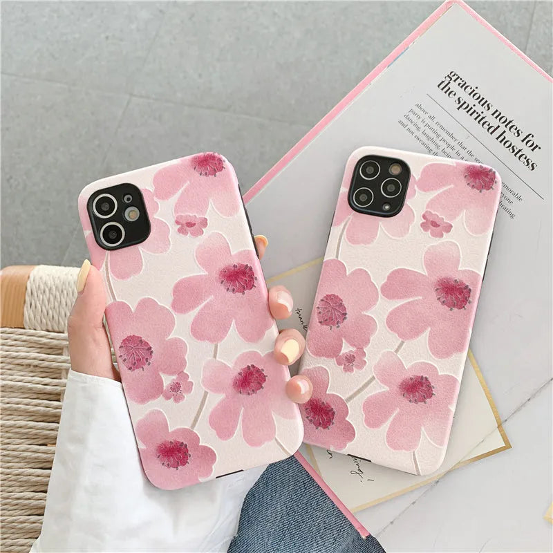 Pink floral soft rubber phone case with lanyard hole for Apple iPhone