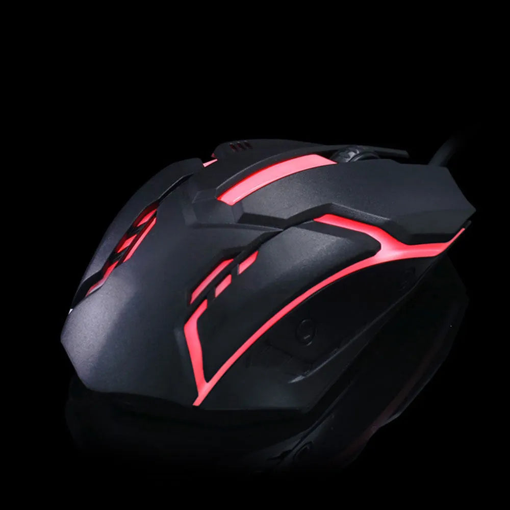 Black wired computer mouse with colourful glow lighting showing USB cable and three buttons