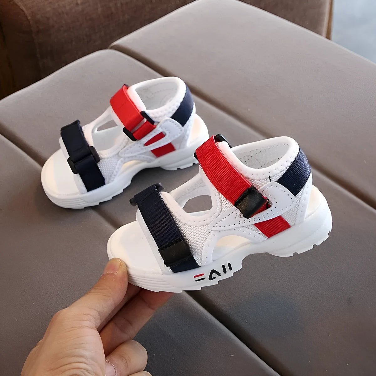 Toddler beach shoes with super fibre leather upper, rubber antiskid sole, Velcro fastening, black pink white, sizes 21-30