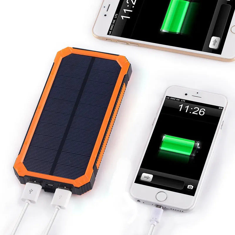 Solar power bank portable charger with plastic housing in black, green, orange, or yellow colour options