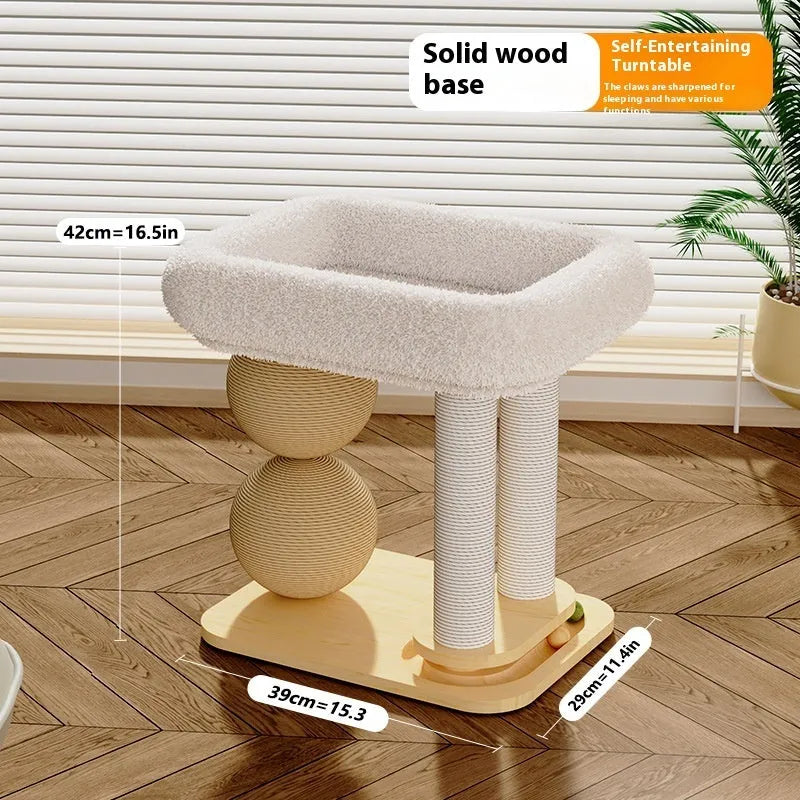 Solid pine cat nest with a round plush bed and two sisal-wrapped scratching balls on wooden columns