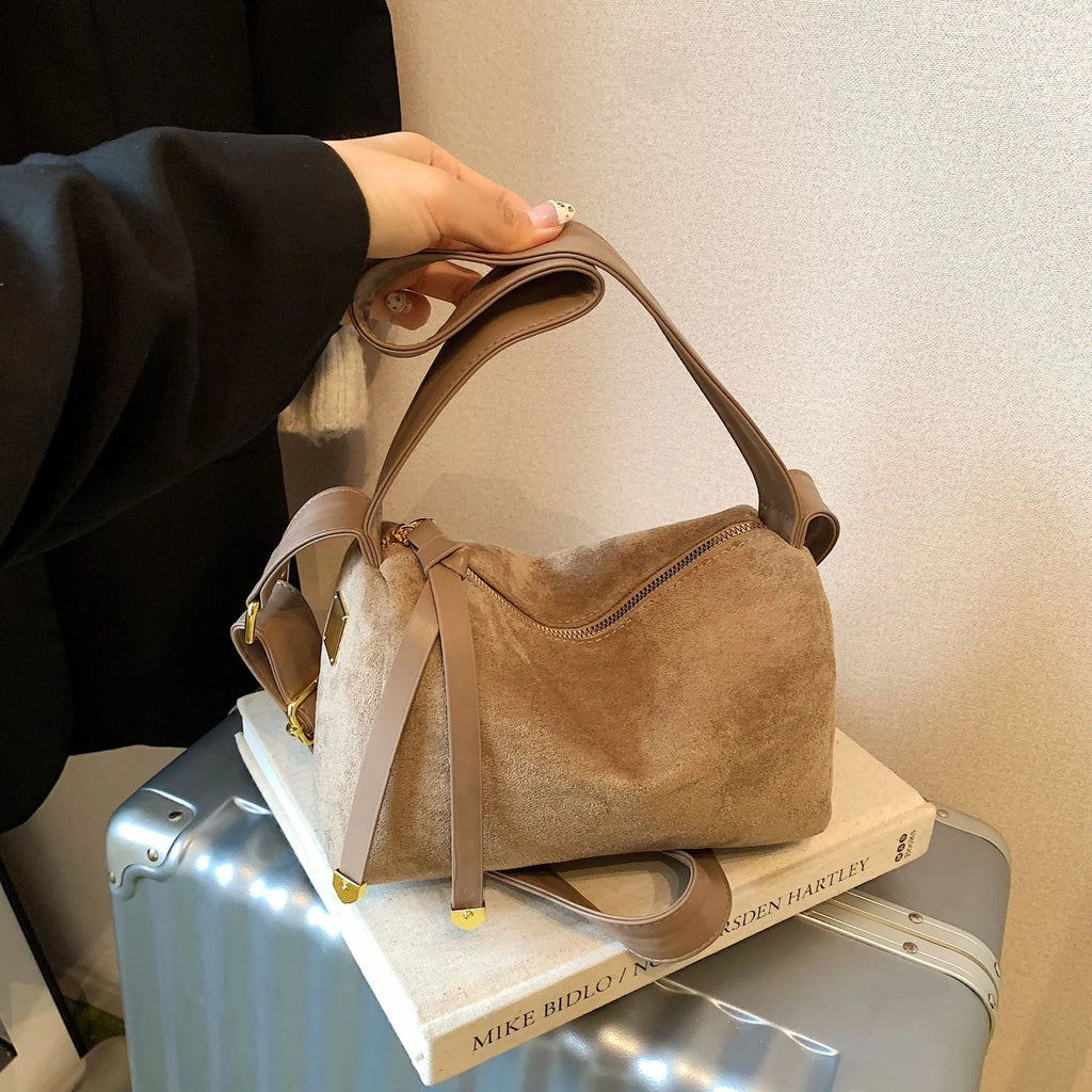 Women's vintage suede PU underarm bag with stitching, clamshell design, in black brown coffee and khaki colours