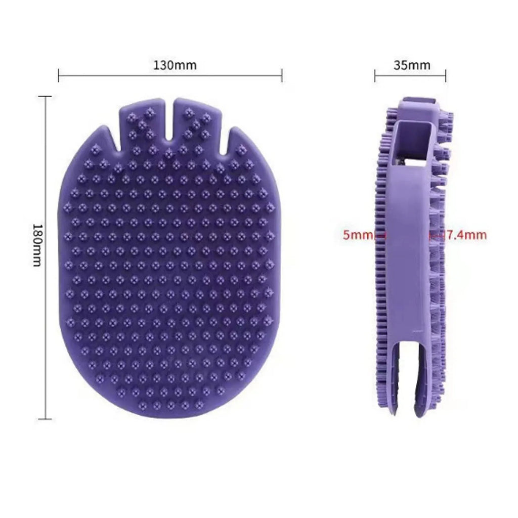 Purple TPR pet shampoo brush with ergonomic handle and soft bristles for dog and cat grooming