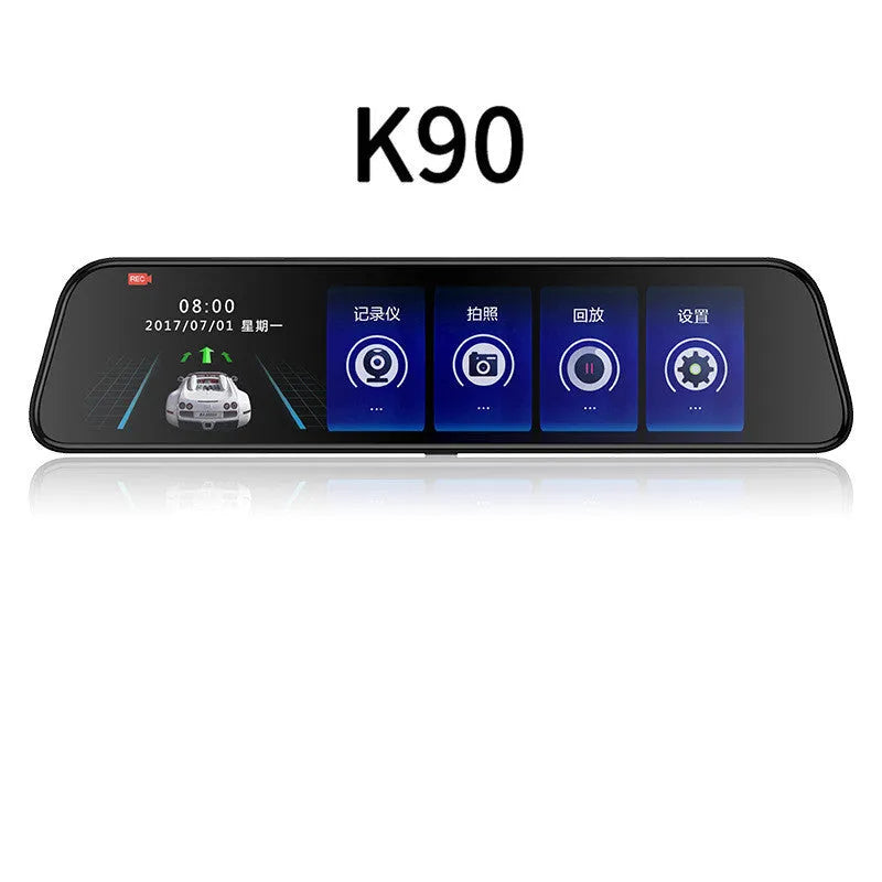 Black 12-inch voice-activated rearview mirror tachograph with touch screen and wide-angle camera