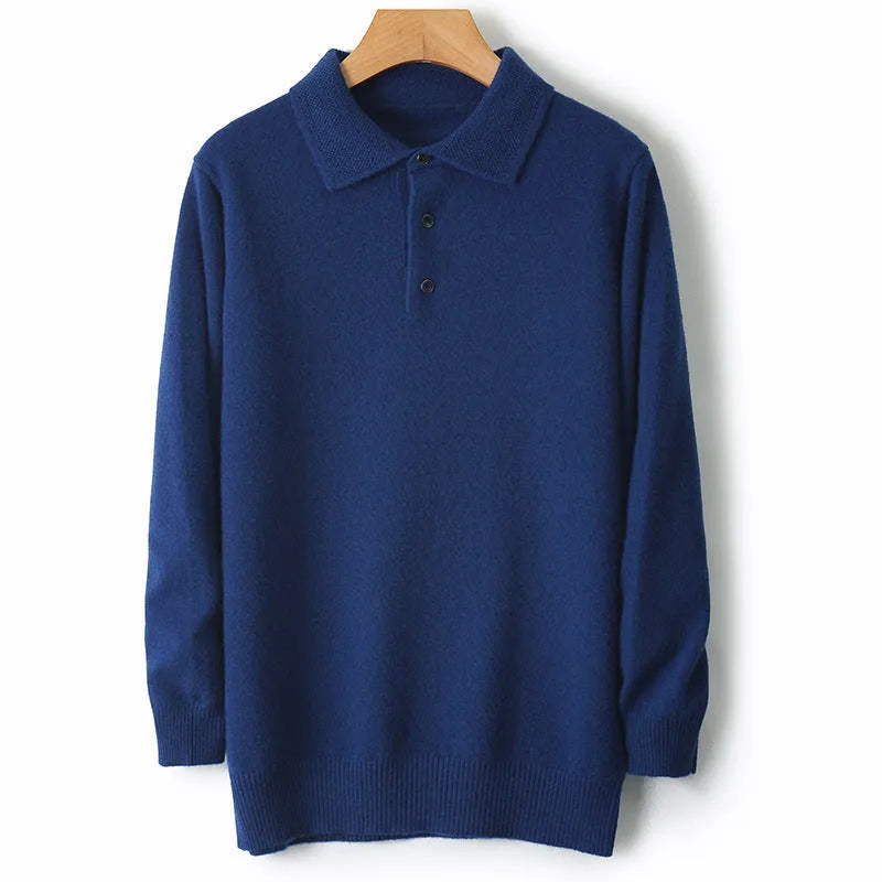 Men's grey wool pullover sweater with a polo collar and long sleeves laid flat