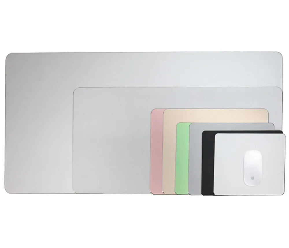 Aluminium alloy double-sided mouse pad with wrist support, USB hub, and hand warmer, in black, gold, or silver.