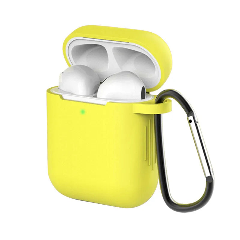 Apple AirPods silicone protective case in multiple colours showing clamshell design