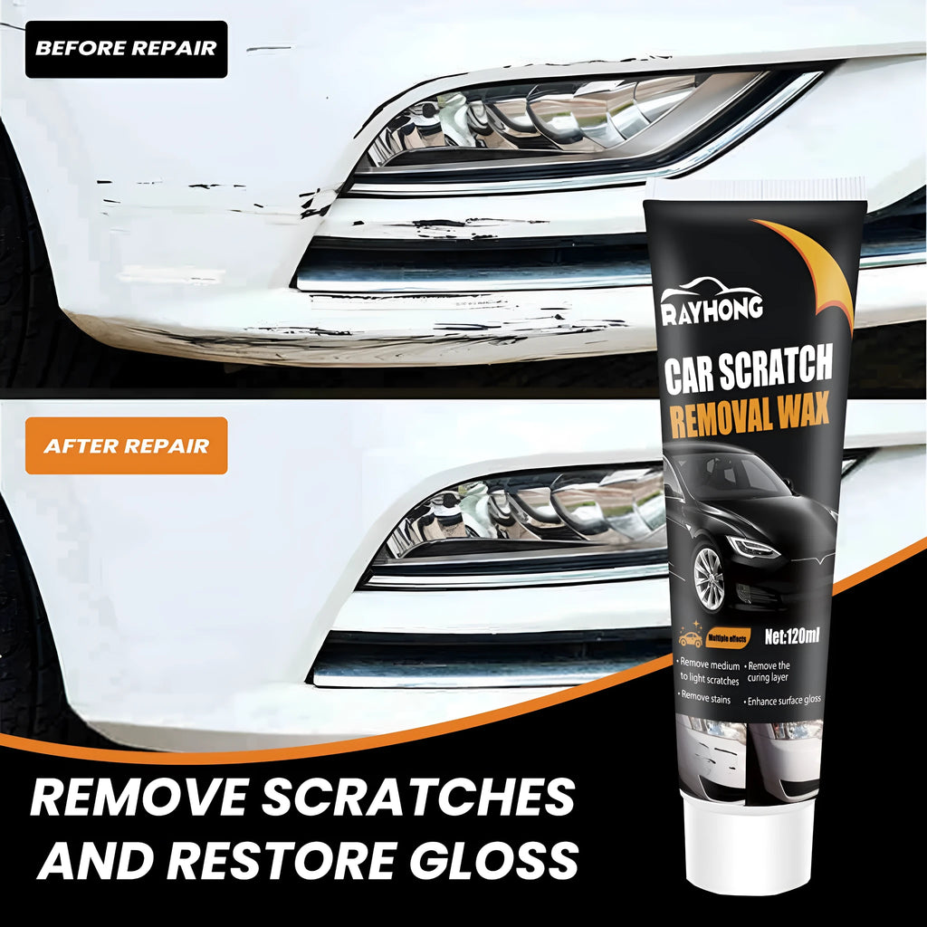 Car scratch wax 120ml bottle with included application sponge and buffing towel for paint protection.