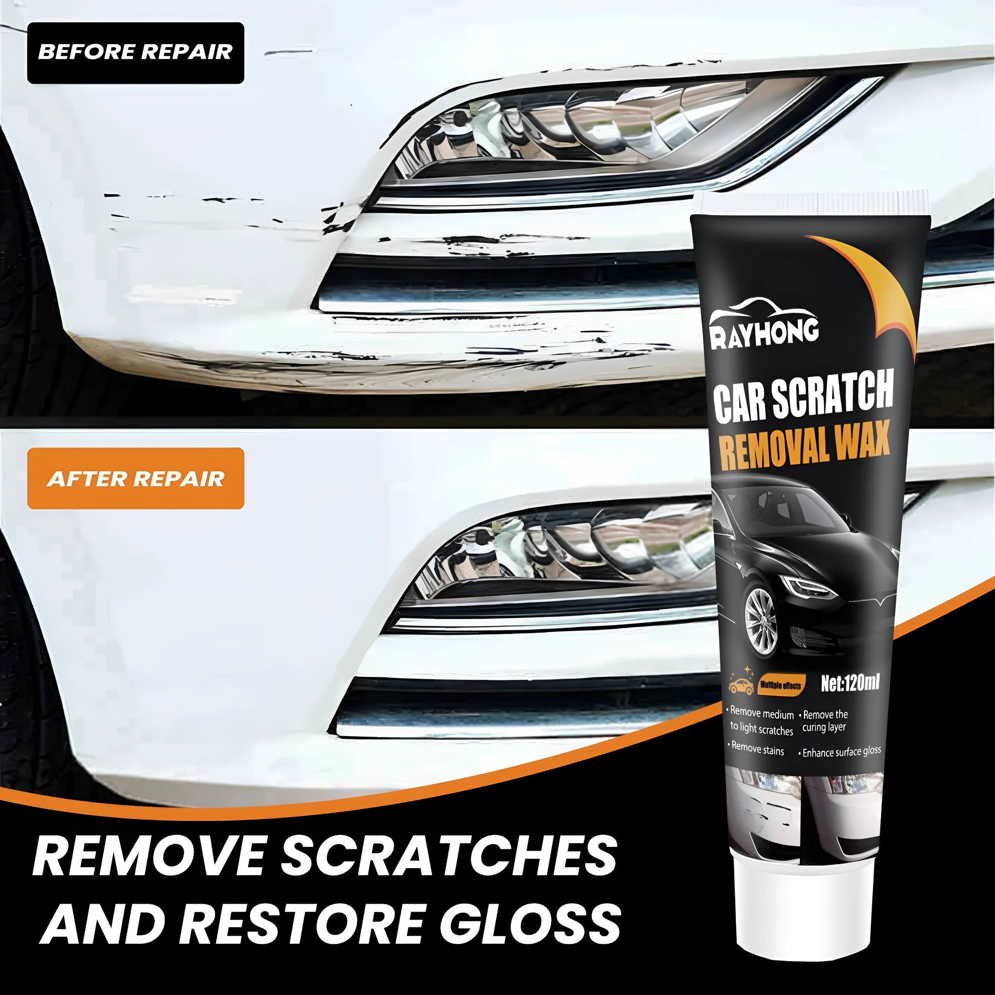 Car scratch wax 120ml bottle with included application sponge and buffing towel for paint protection.