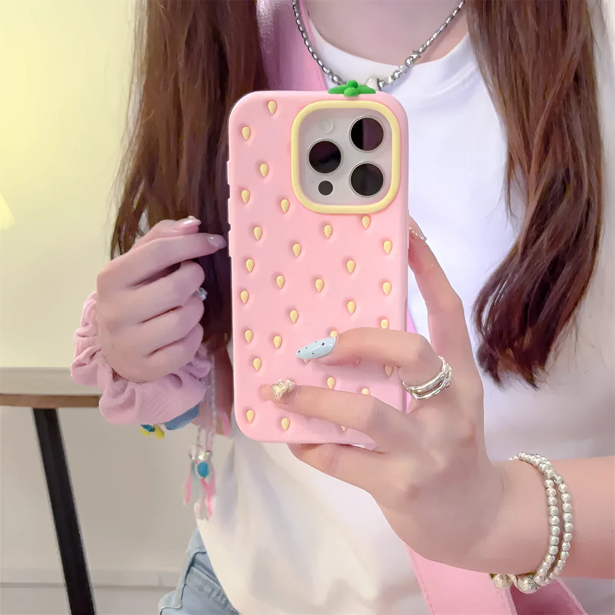 Pink strawberry silicone phone case for iPhone, soft shell with fall protection