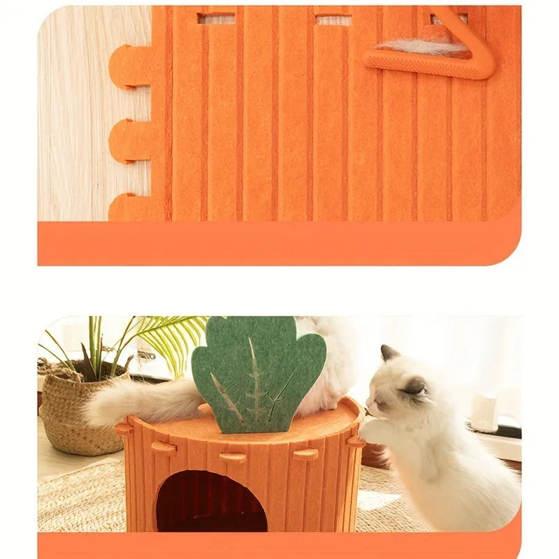 Carrot-shaped grey felt cat tunnel nest with a semi-enclosed opening, shown in two size options.