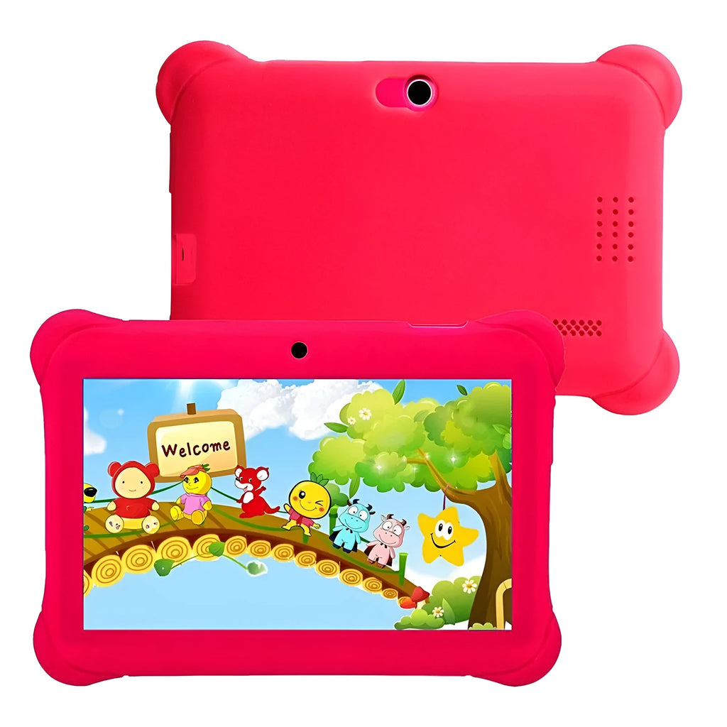 Children's tablet with 7-inch multi-touch screen, 8GB storage, 512MB RAM, ABS plastic shell, available in black, purple, and red.