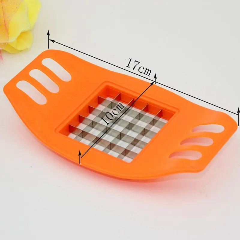 Potato cutter kitchen gadget with two stainless steel blades and non-slip rubber foot