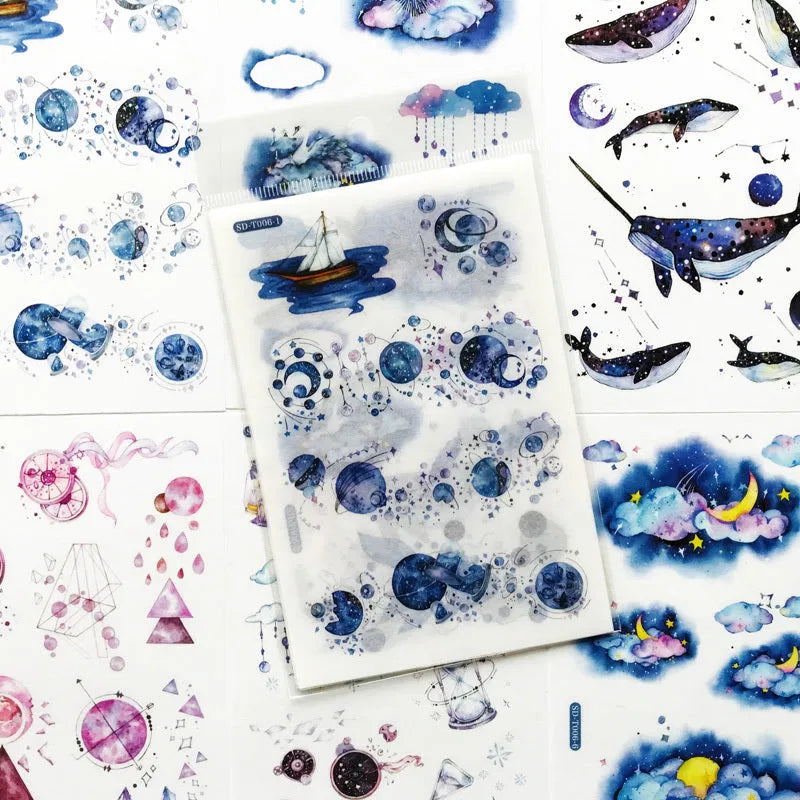 Abu Japanese paper sticker set with fantasy stars pattern, showing 10.5 by 14.1 cm size