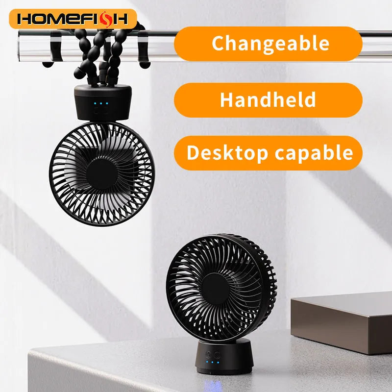 HOMEFISH F1 and F2 automatic shake head handheld fan with removable bracket on a stroller.