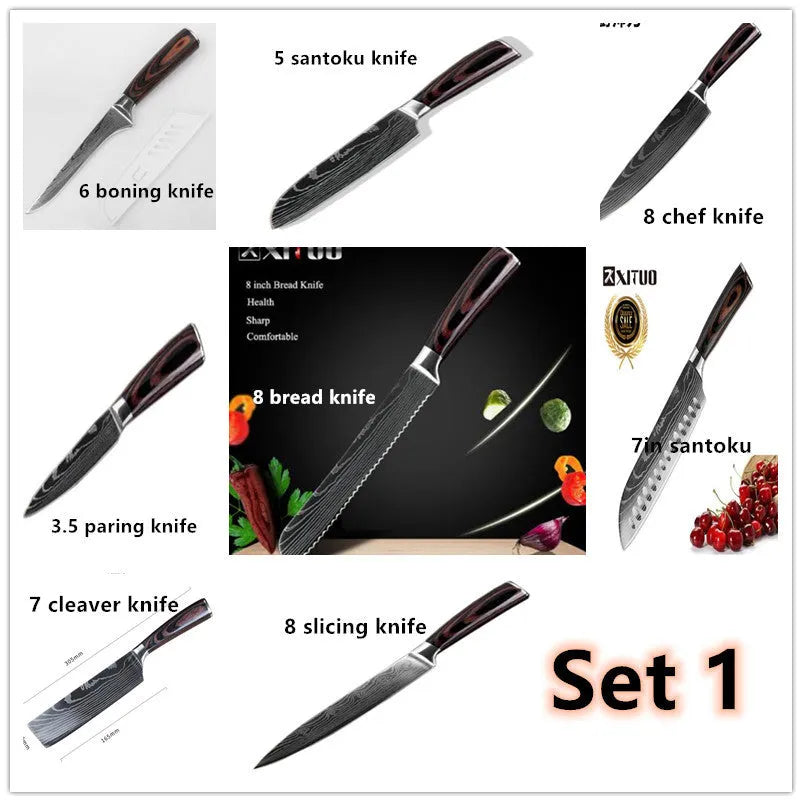 Carpenter's Special kitchen knife with laser Damascus pattern blade and coloured wood handle