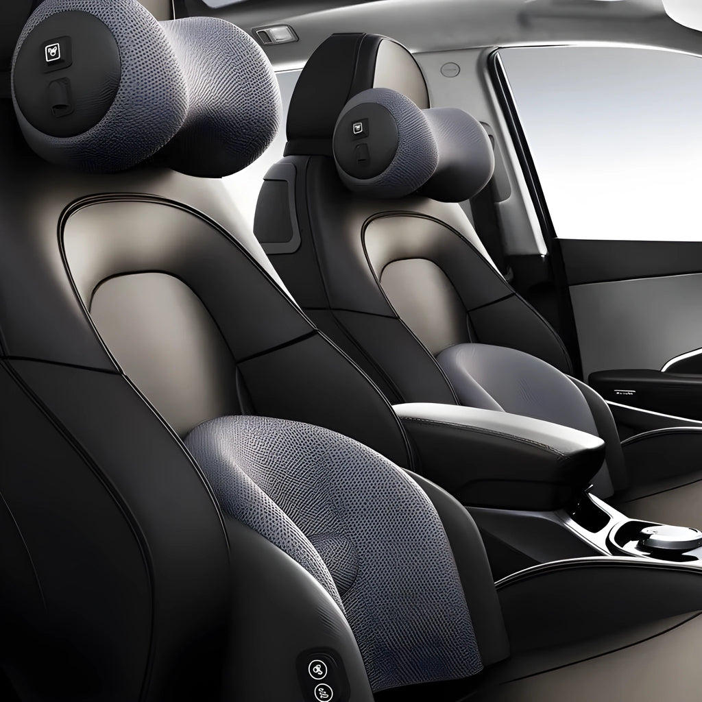 Memory cotton car massage cushion on a car seat in classic black colour.