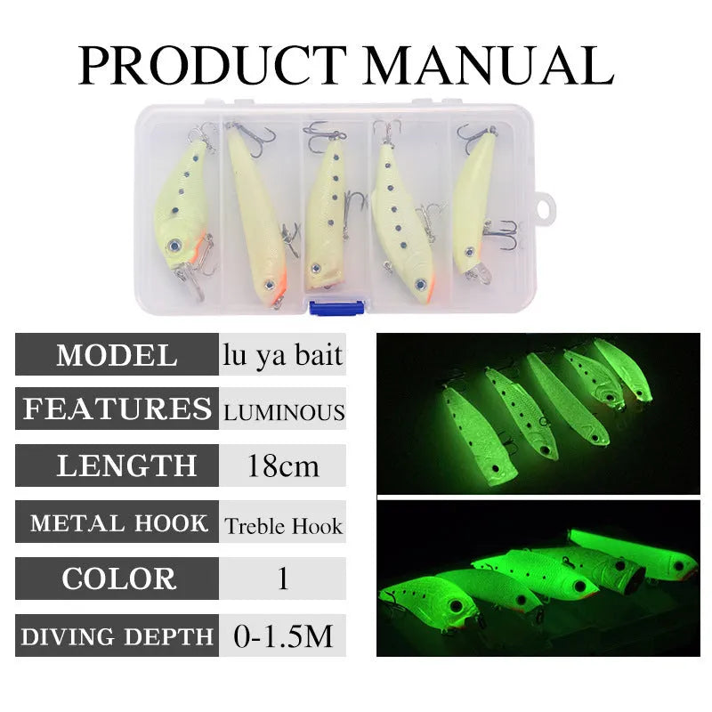 Set of five 3D fluorescent hard bait fishing lures with luminous effect on blue background.