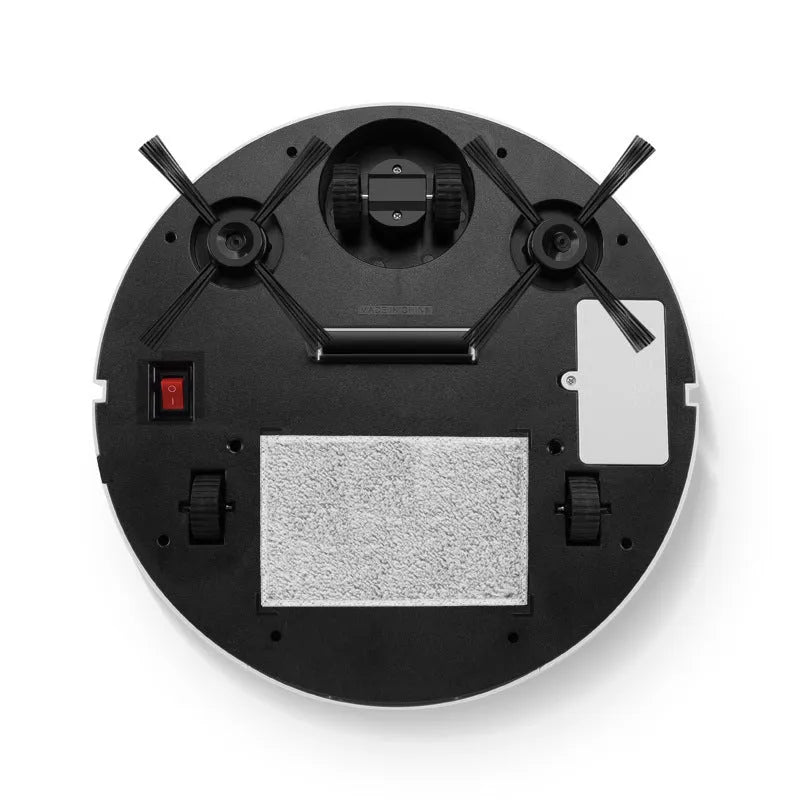 Automatic sweeping robot cleaner with circular ABS plastic body on a hard floor.