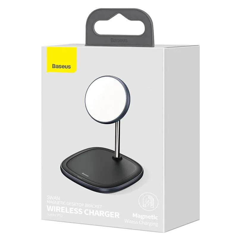 Swan black magnetic wireless charging stand holding an iPhone with a visible cable.