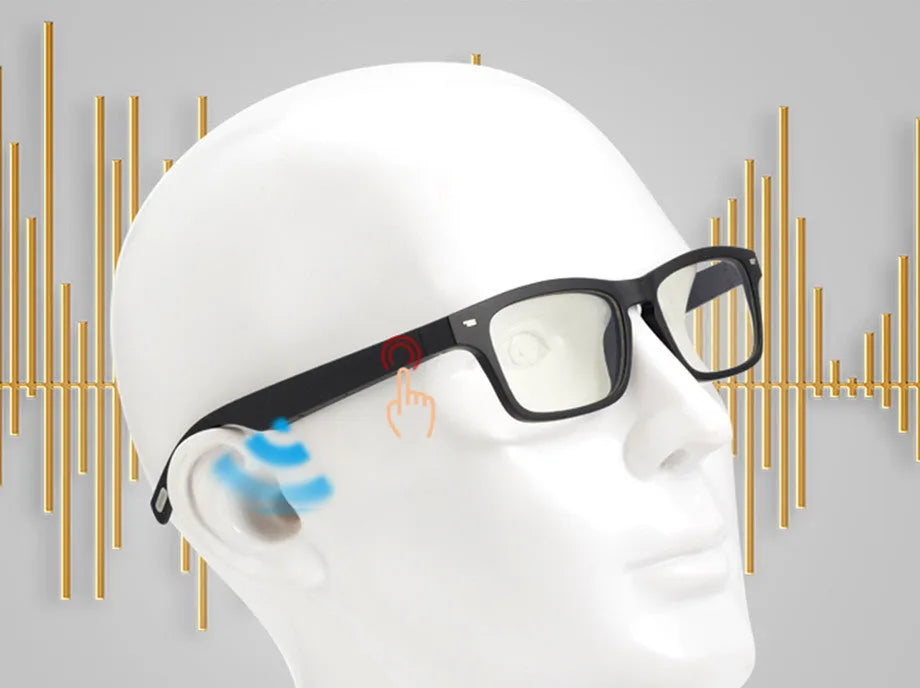 Smart glasses with a black PC+ABS frame featuring Bluetooth speakers and UV400 protective lenses.