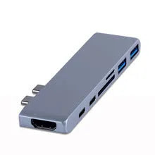 Dual Type-C hub T-808 seven-in-one docking station with HDMI 4K and USB-C PD charging in silver
