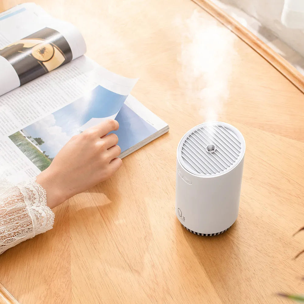 Mini aromatherapy car humidifier Q3 in white, pink, and grey with 320ml tank