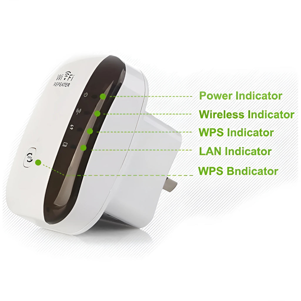White and black 300Mbps WiFi repeater with integrated antennas and UK plug for wireless signal extension