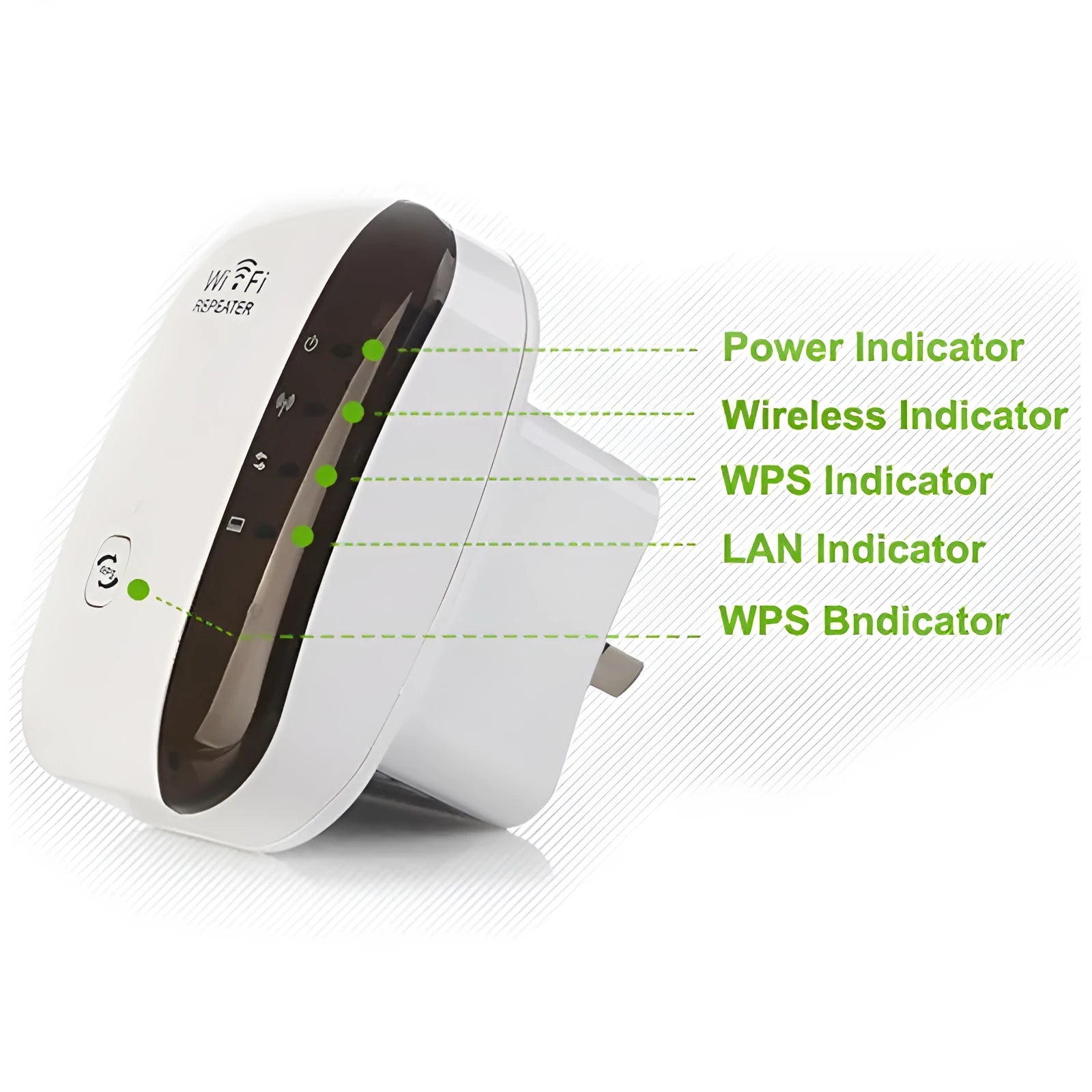 White and black 300Mbps WiFi repeater with integrated antennas and UK plug for wireless signal extension