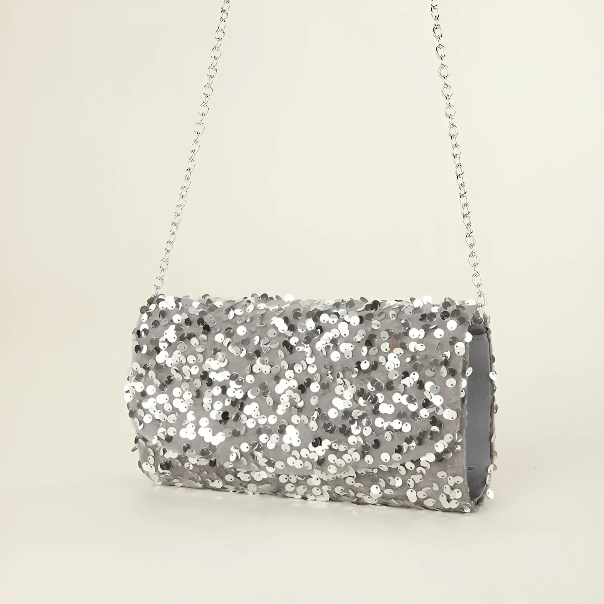 Sequin glitter chain women's party dinner bag in black or silver, 20x5x10cm horizontal square with phone compartment