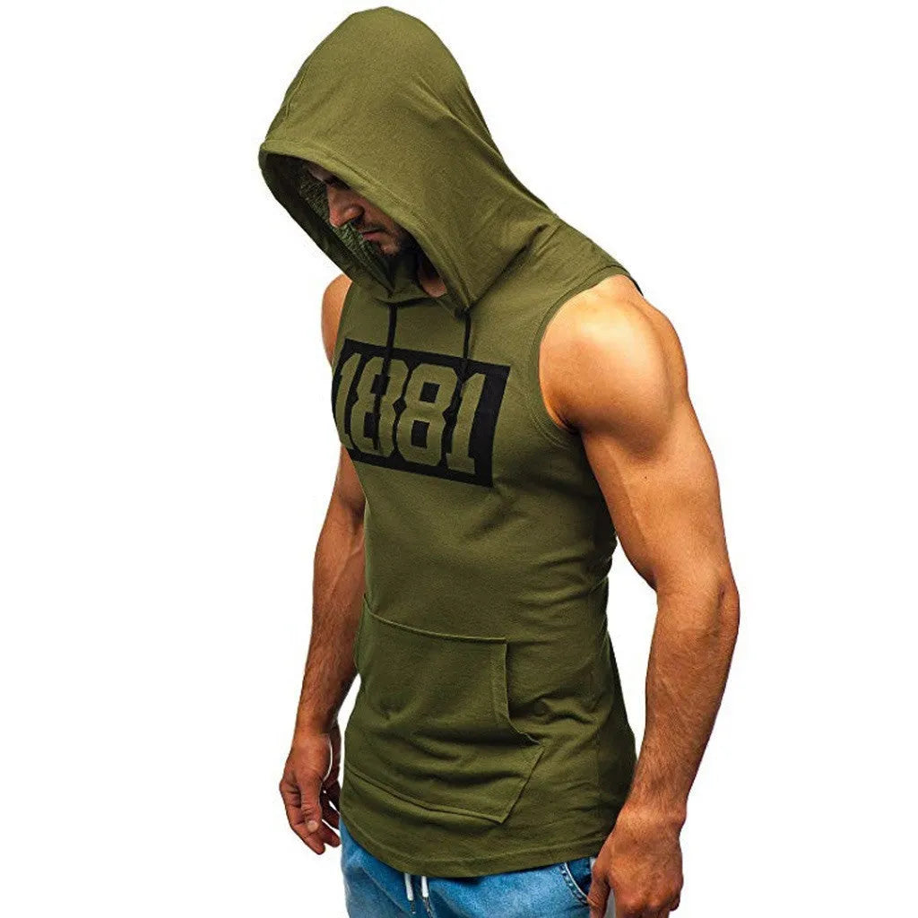 Men's sleeveless letter print hoodie vest in white, black or army green, with patch pocket and round hem.