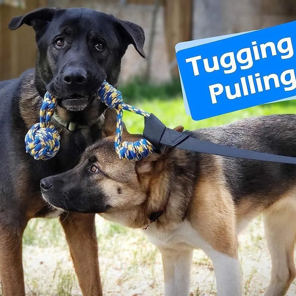 Green cotton thread dog tug toy with a ball on a rope for biting and interactive play.