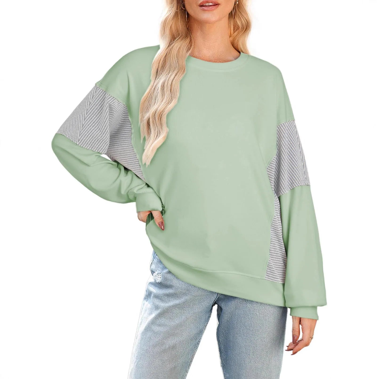 Striped color-blocked round neck long-sleeved polyester pullover sweatshirt in gray