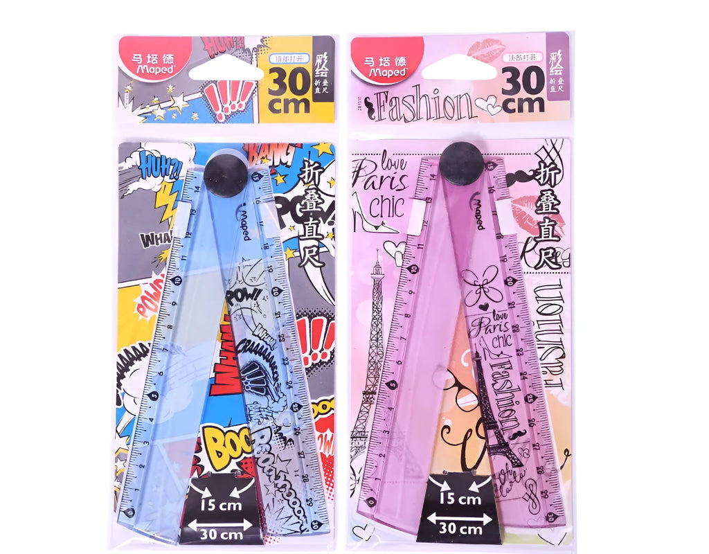 30cm widened rotary folding ruler in blue and pink resin on white background