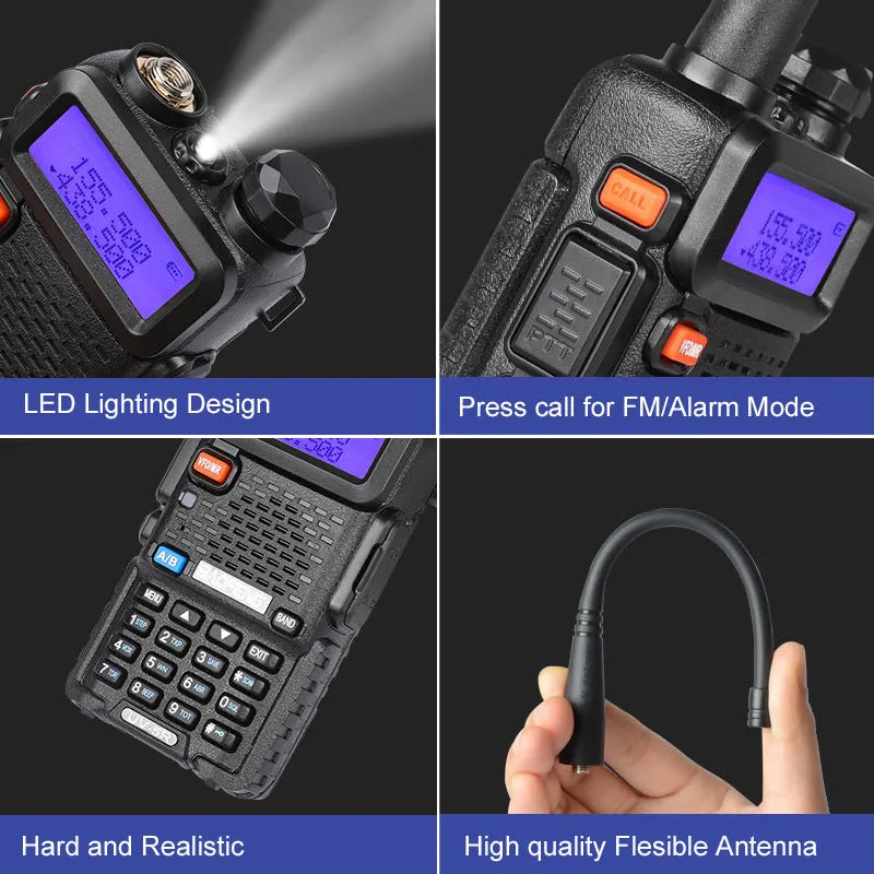 Black handheld walkie talkie with antenna, LCD display, and side buttons.