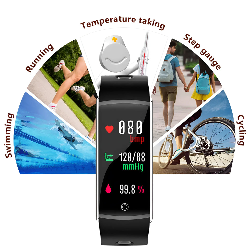 F10T smart bracelet with colour touchscreen on a silicone wrist strap, shown in black, green, orange, and red colour options.