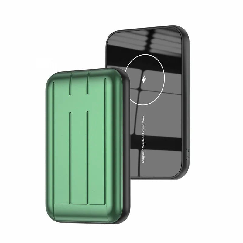 Blue magnetic mobile power bank showing wireless charging surface and USB ports with 5000mAh capacity display