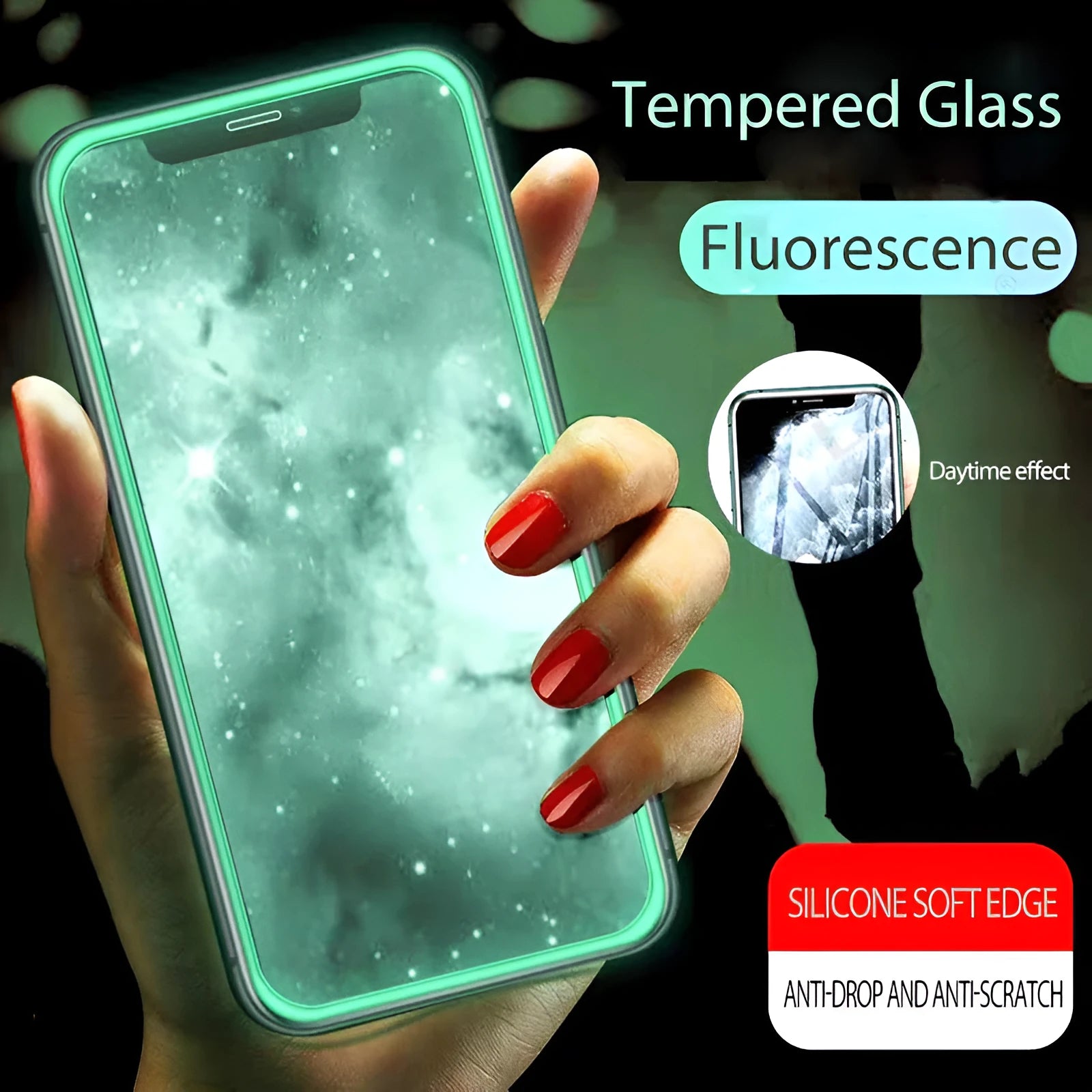 Luminous full cover tempered glass screen protector for iPhone glowing in the dark