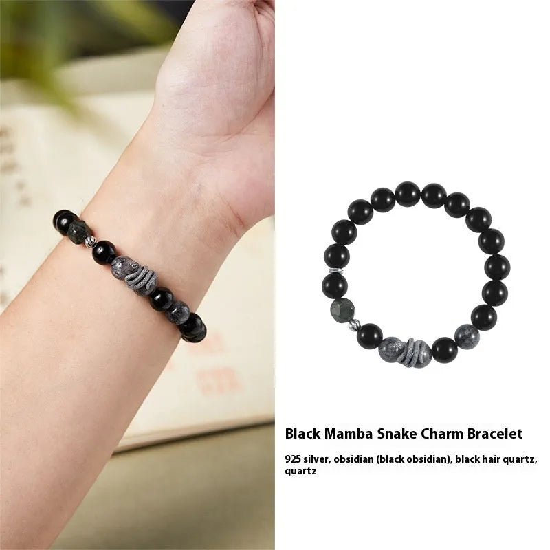 Men's black obsidian snake zodiac bracelet in S925 sterling silver with retro styling and 10mm width