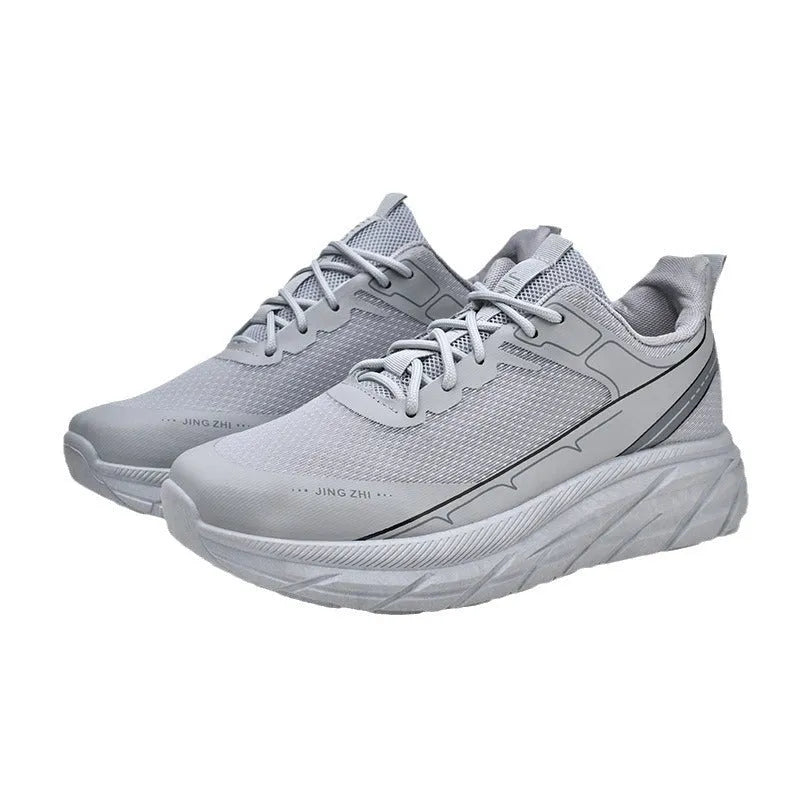 Men's thick-soled anti-skid lace-up casual sneakers in black with rubber sole and PU upper