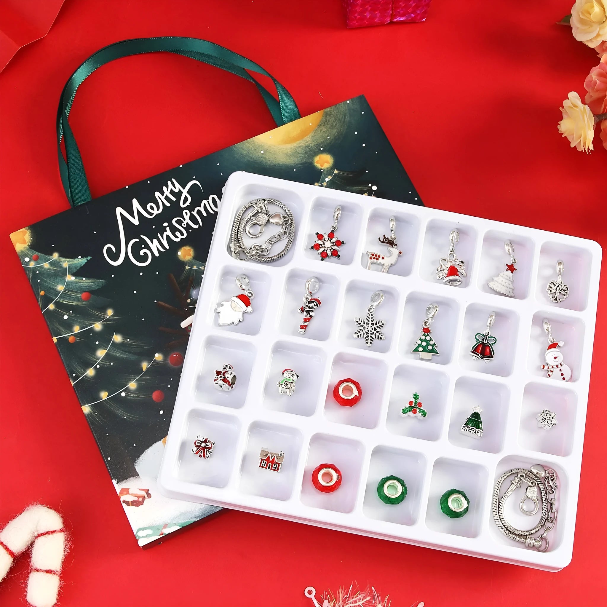 Christmas bead string jewelry gift box with electroplated alloy finish, cartoon style, multiple colour options displayed